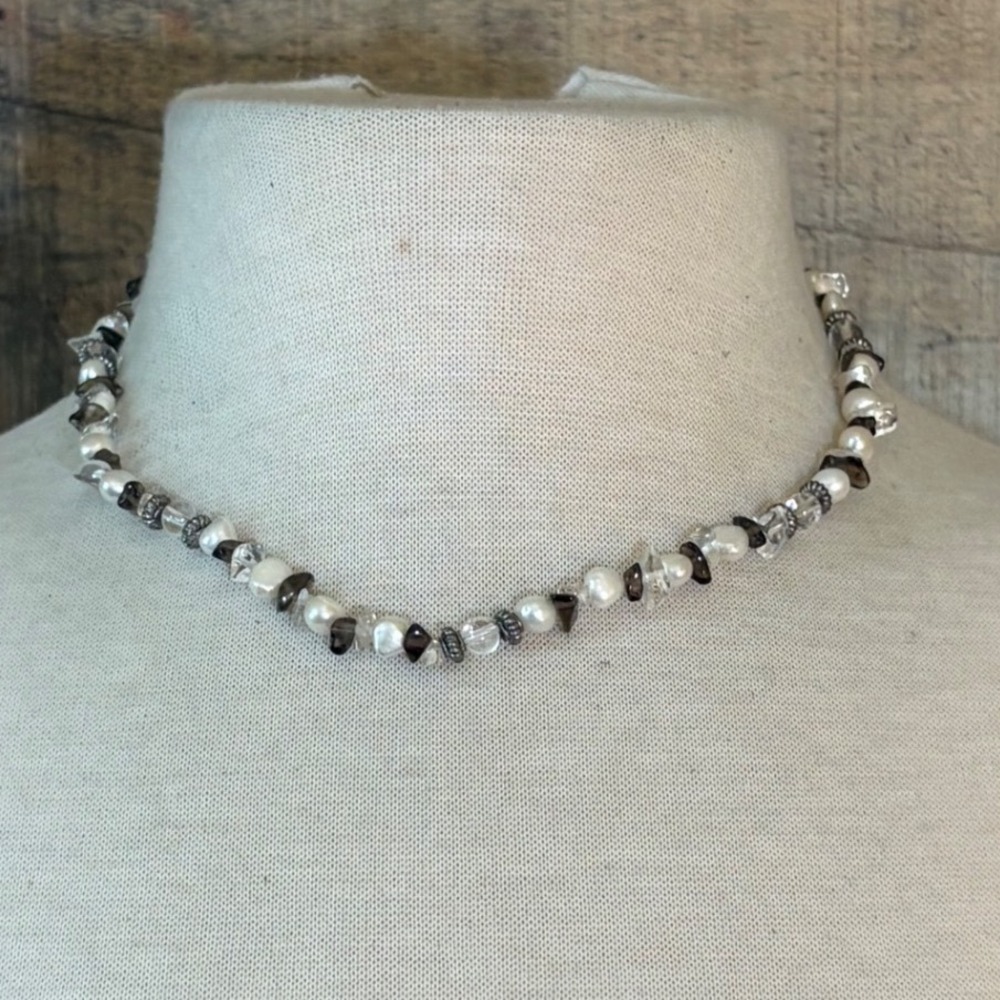 Handmade Freshwater Pearl and Smoky Quartz Beaded Necklace Silver Tone 16-18.5"